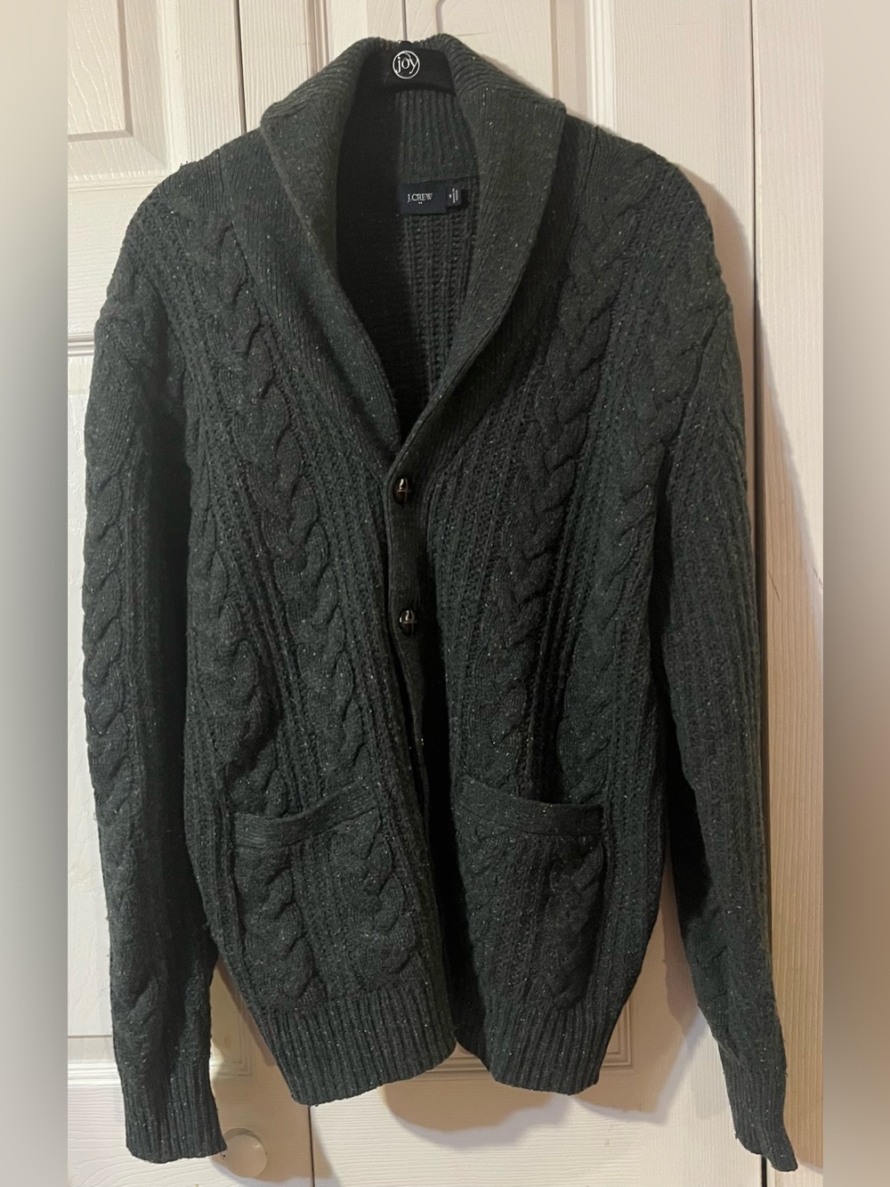 J Crew Wool Shawl Button Up Cardigan Grey Green Speckled Cable Knit Size M